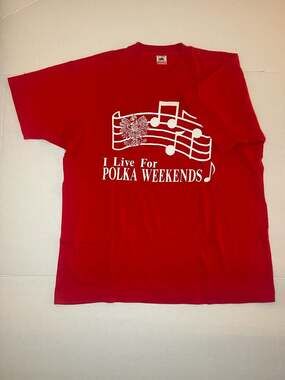 Vintage 90s Fruit of the Loom I Live For Polka Weekend Red T-Shirt Single Stitch